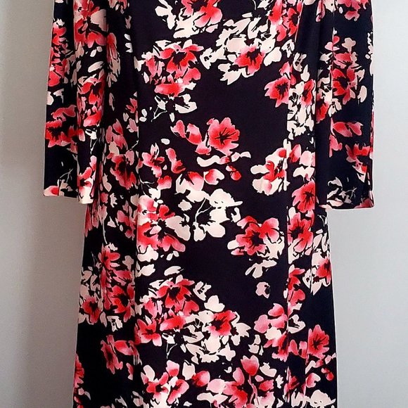 Women's Dress Ditzy Floral Black & Pink 3/4 Sleeve Cowl Neck Holiday Party Fun - Picture 2 of 10
